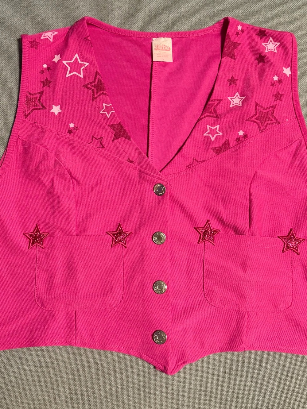 Barbie Hot Pink Star-Print Button Front Crop Vest